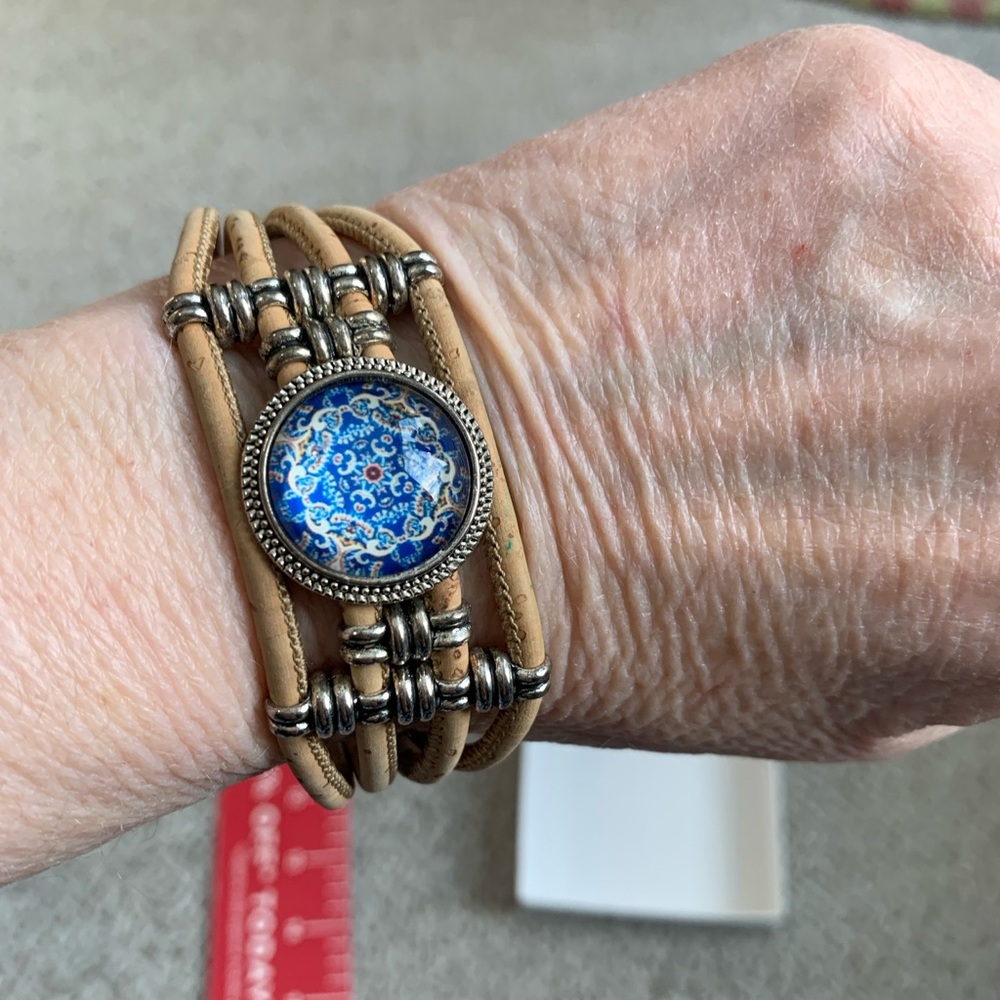 Boho Cork Multi-Strand Wrap Bracelet – Blue Mandala Medallion